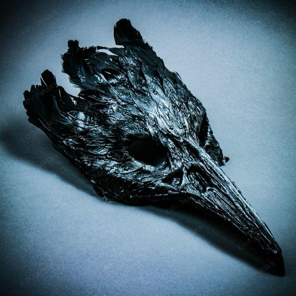 Black Raven Skull Nose w/ Feather Halloween Mask - Picture 7 of 10